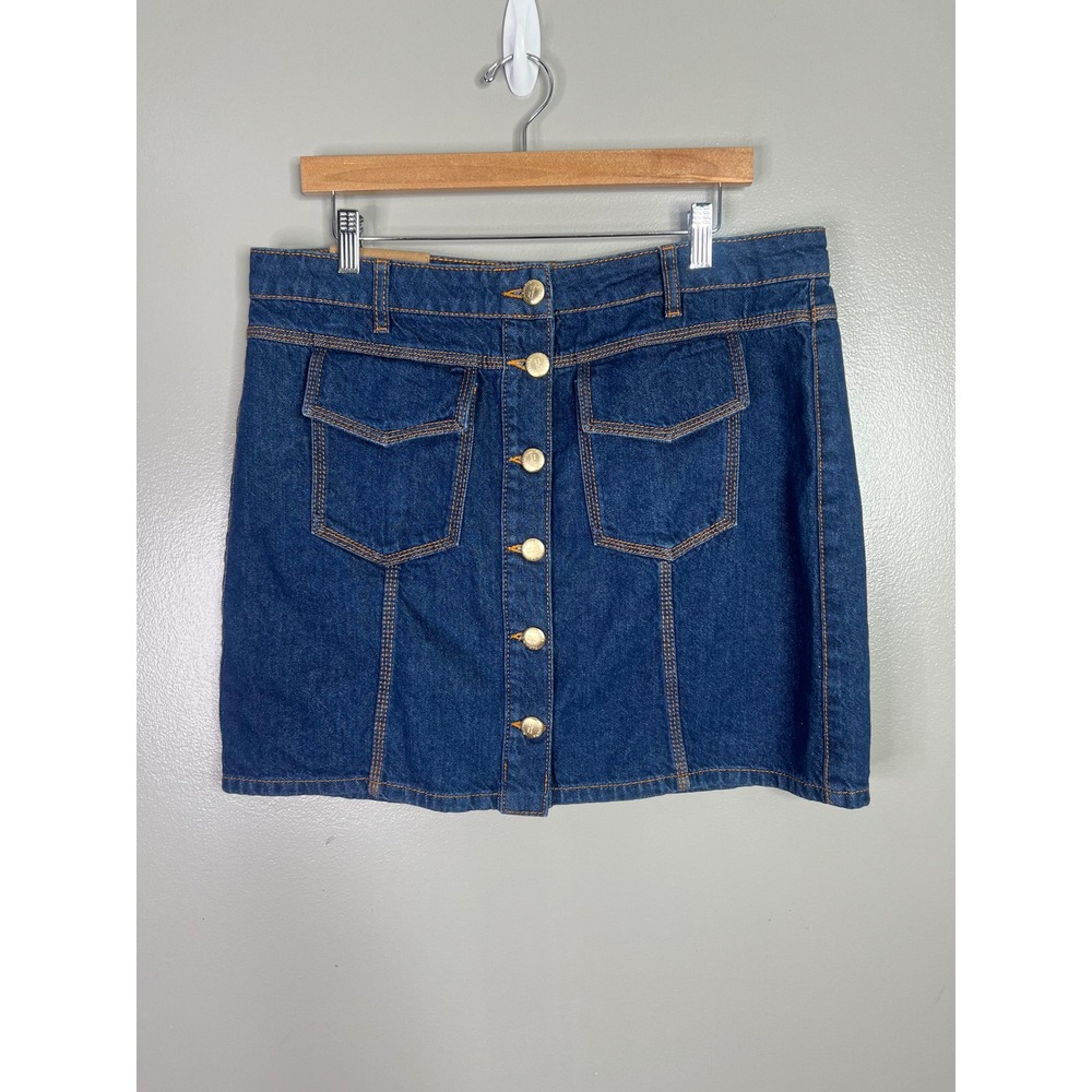 Farm Rio Dark Wash Denim Button Front Mini Skirt Gold Hardware Size 31 - Picture 10 of 10